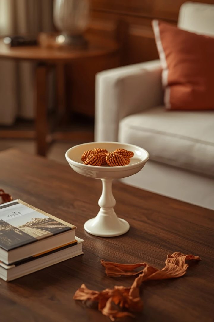 10. The Cream Pedestal Bowl With Orange Accents