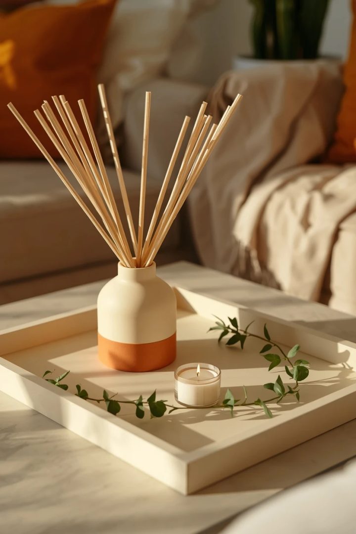 14. The Cream Tray With an Orange Diffuser and Greenery