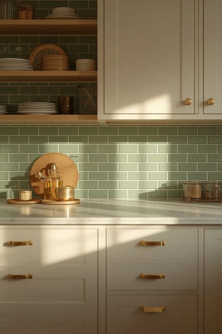 5. The Glazed Green Tile Backsplash