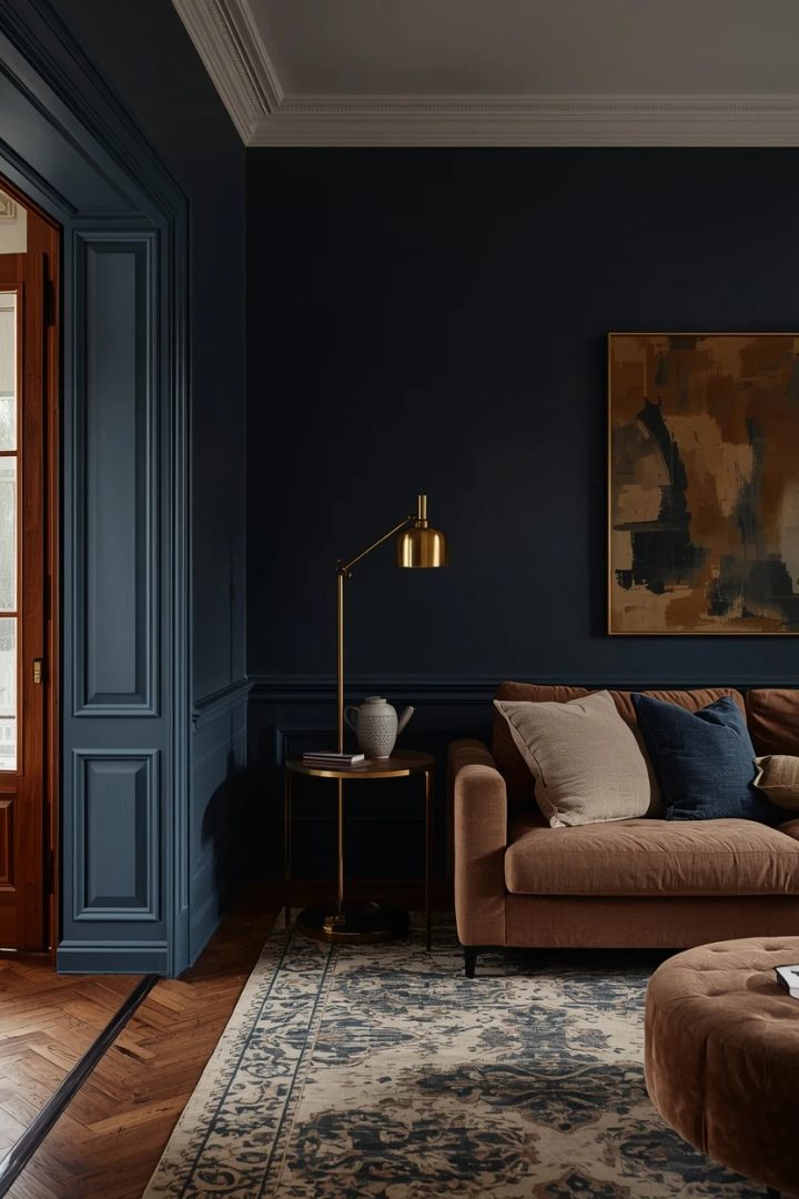 9. The Moody Dark Blue Living Room