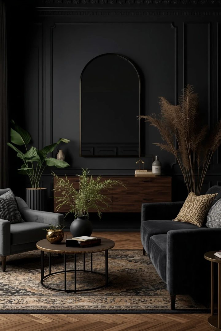 14. The Black and Greenery Living Room
