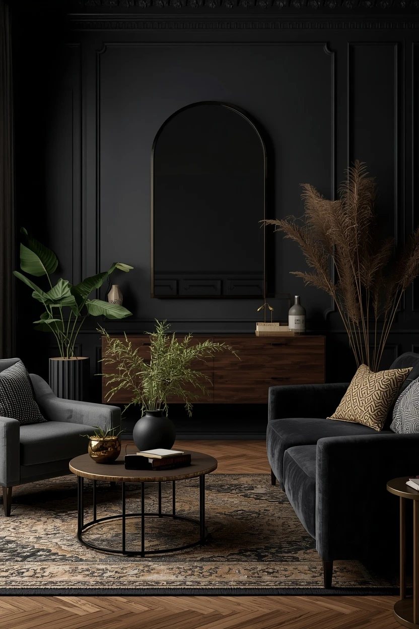 14. The Black and Greenery Living Room