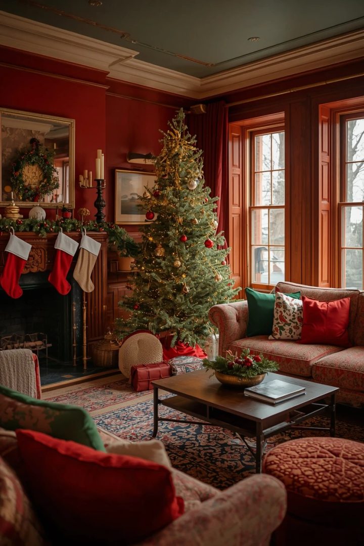1. The Classic Red and Green Living Room