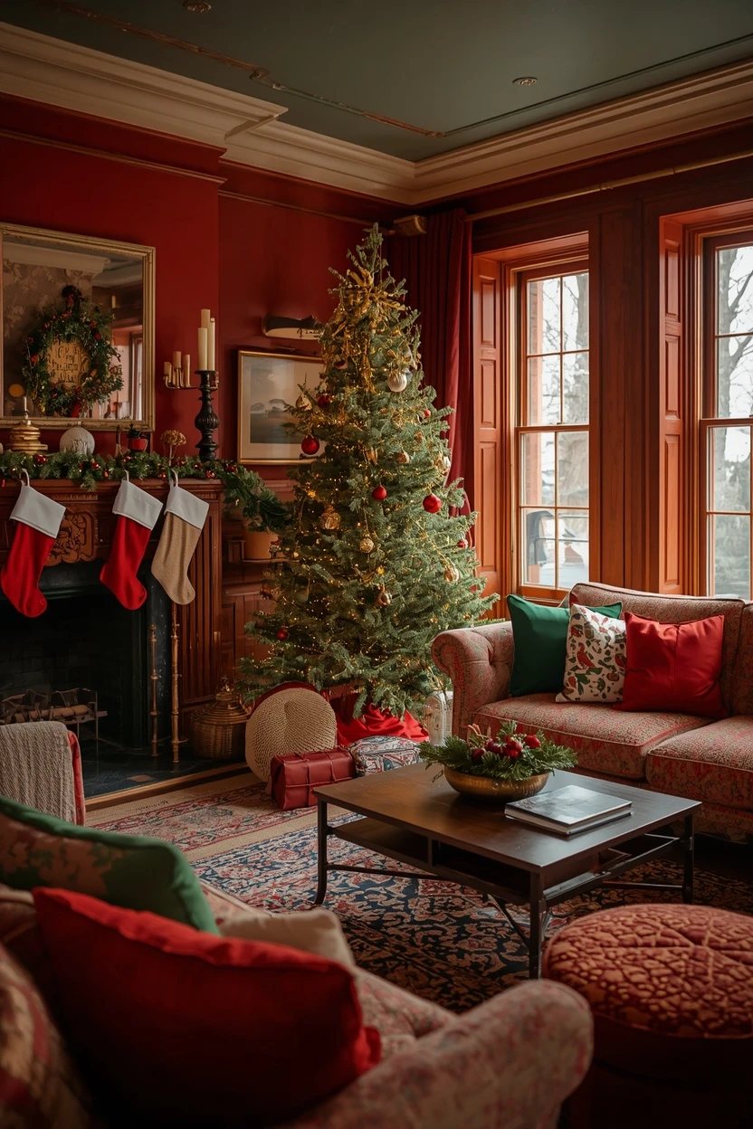 1. The Classic Red and Green Living Room