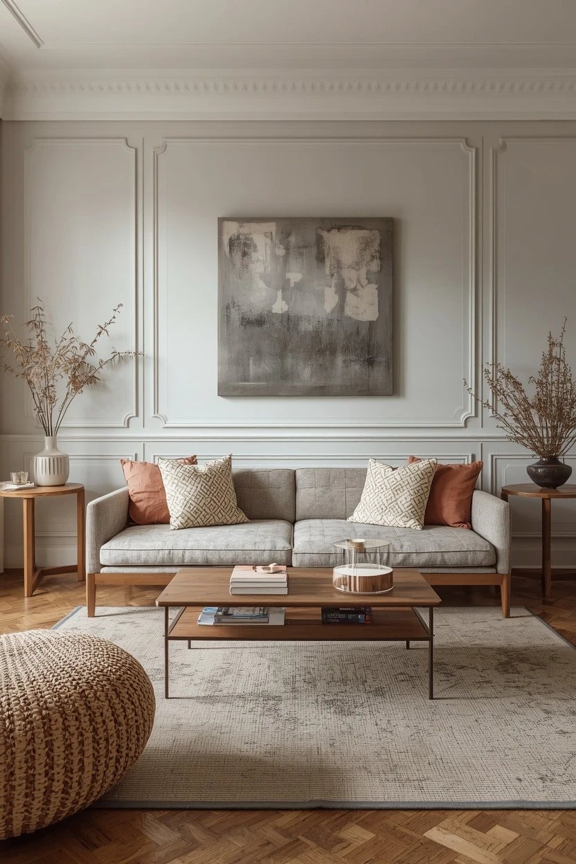 13. The Pattern-Mixed Grey Settee Living Room