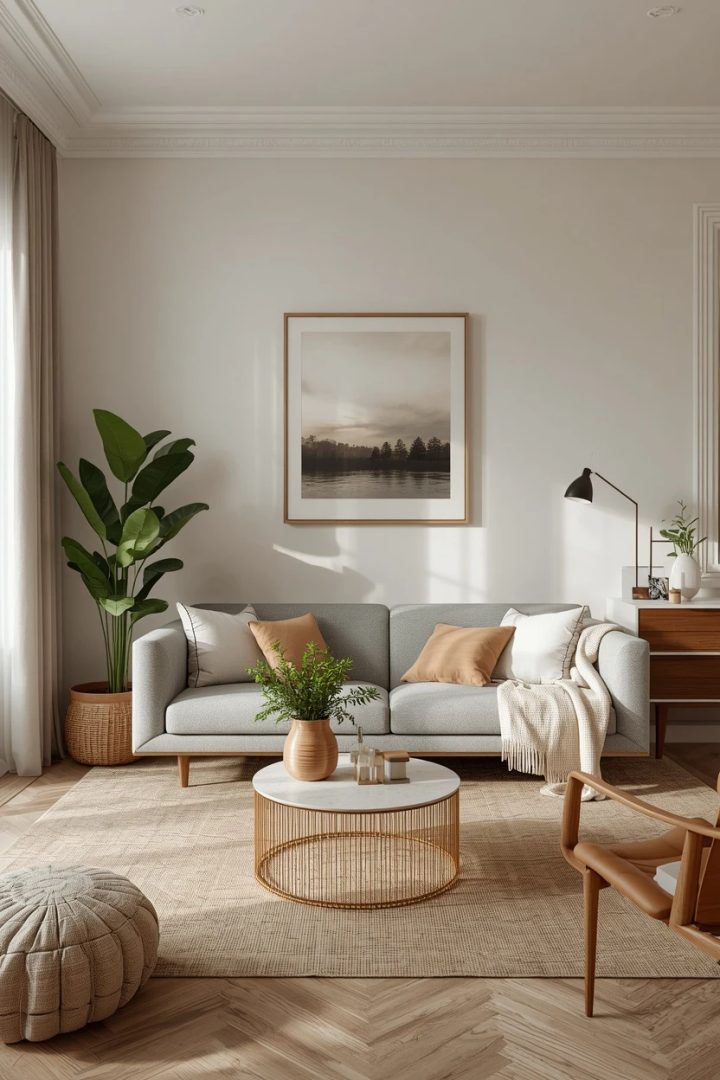 14. The Greenery-Filled Grey Settee Living Room