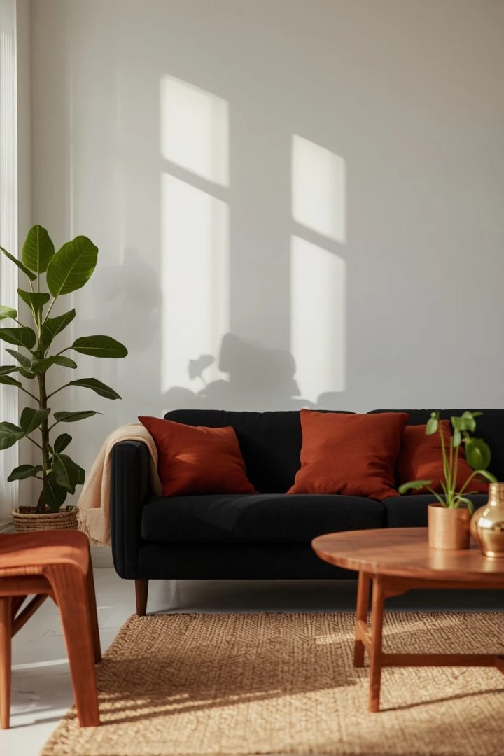 2. A Black Sofa in a Light Living Room