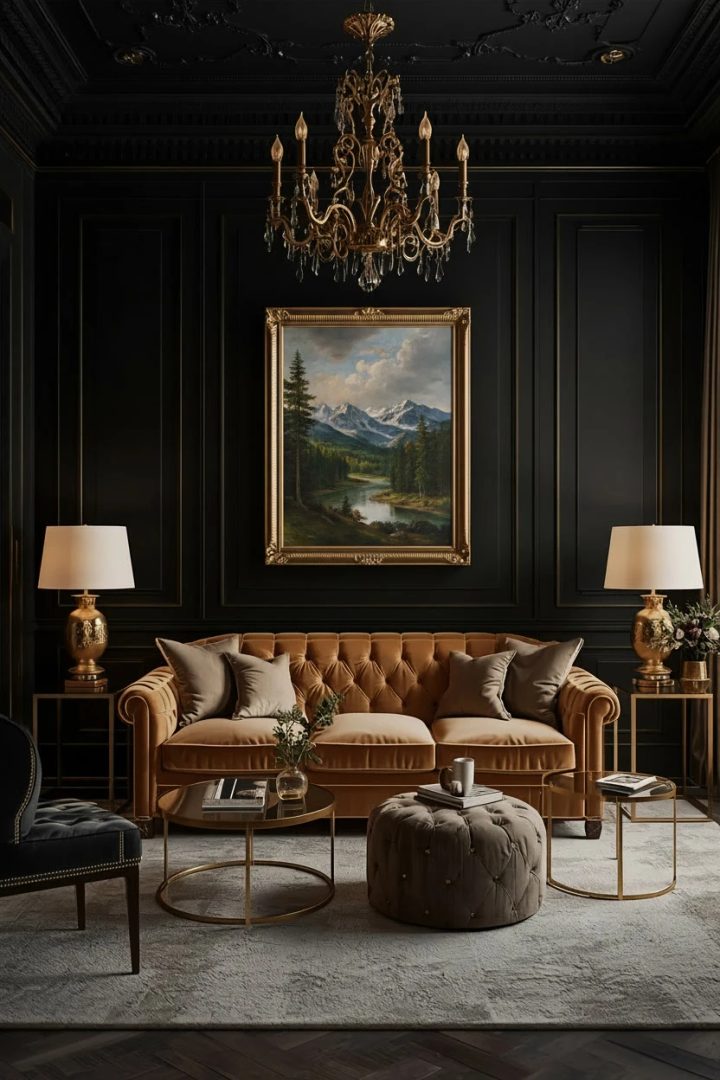 3. Black and Gold Luxury Living Room