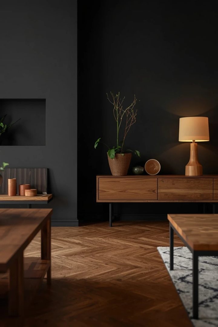 6. Black with Warm Natural Wood