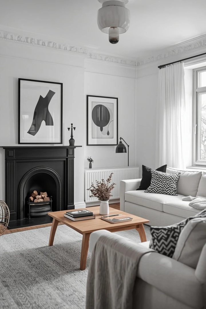 7. Black and White Graphic Living Room