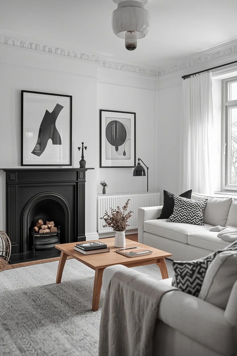 7. Black and White Graphic Living Room