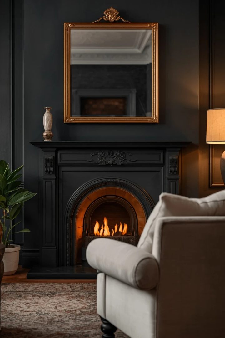 9. Black Painted Fireplace Surround in a Black Living Room
