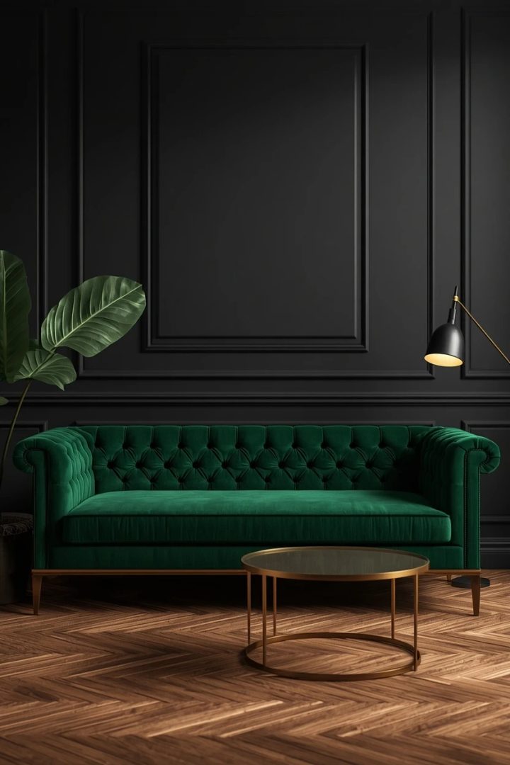 13. Black and Emerald Green Living Room
