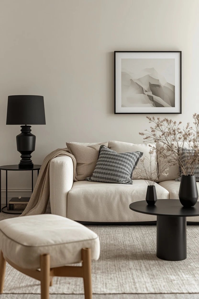 14. Black Accent Pieces in a Neutral Room