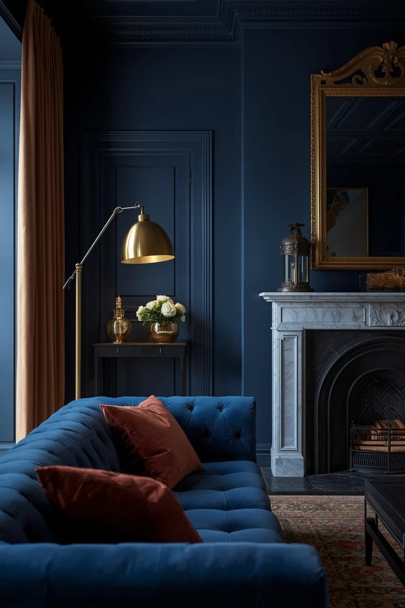 5. Blue and Brass Luxury Living Room