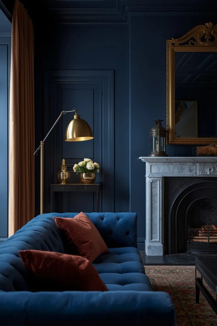 5. Blue and Brass Luxury Living Room