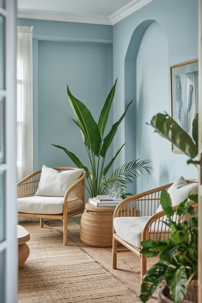 7. Coastal Blue with Natural Rattan and Linen