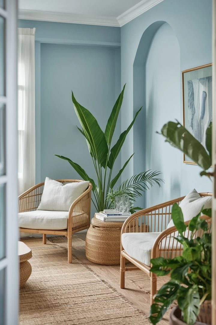 7. Coastal Blue with Natural Rattan and Linen
