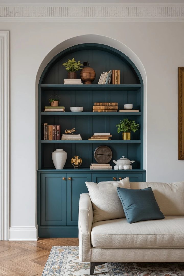 9. Blue Painted Built-In Shelving for a Blue Lounge