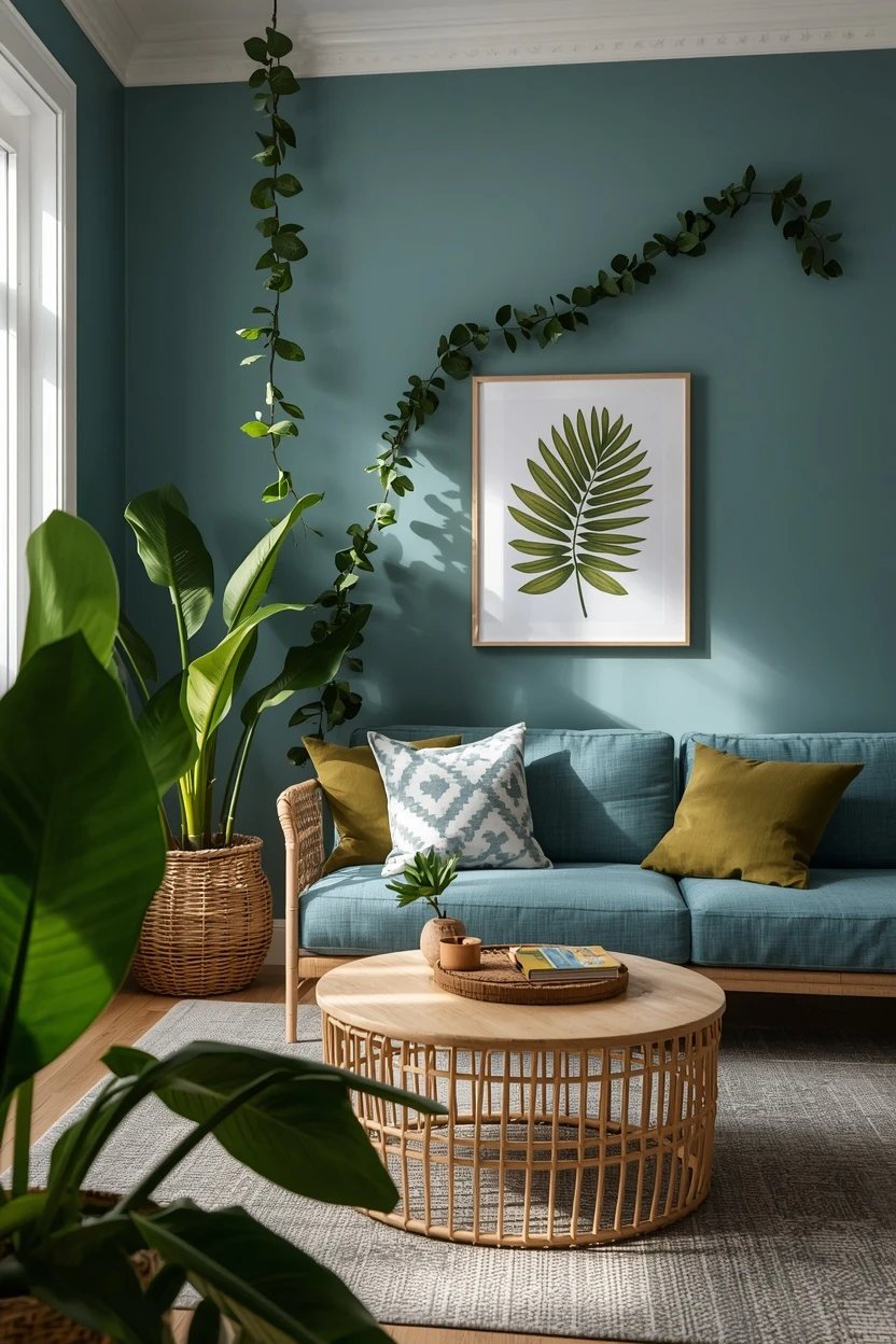 15. Blue and Green Botanical Living Room