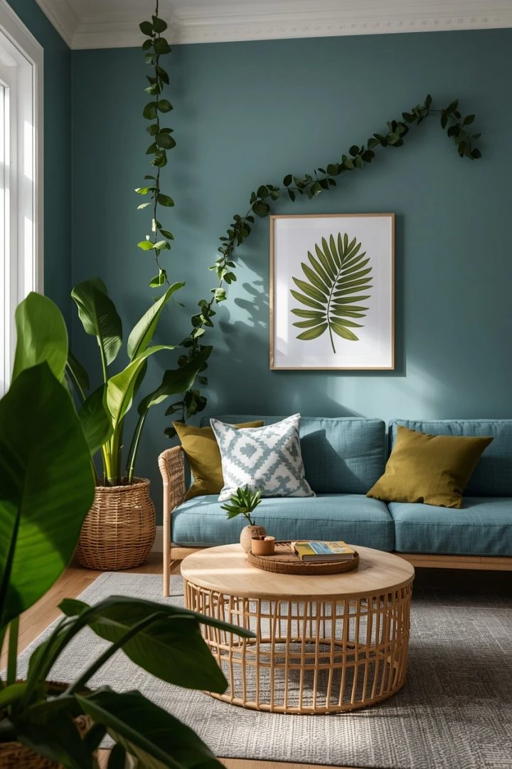 15. Blue and Green Botanical Living Room