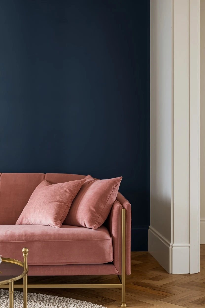 16. Navy and Blush Pink Living Room