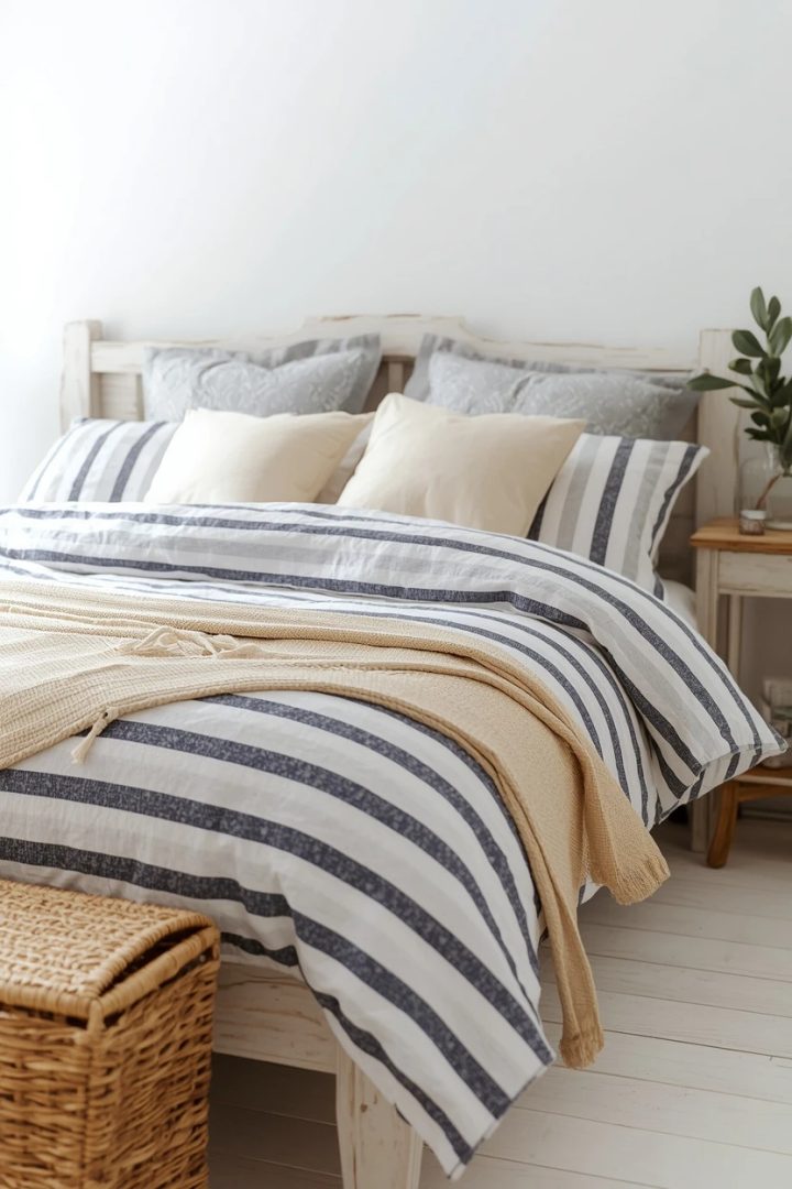 2. Blue and White Stripe Bedding