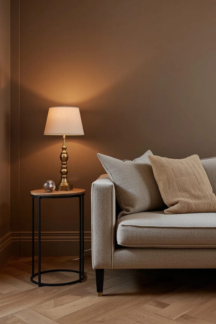 6. Warm Taupe and Oak Accents