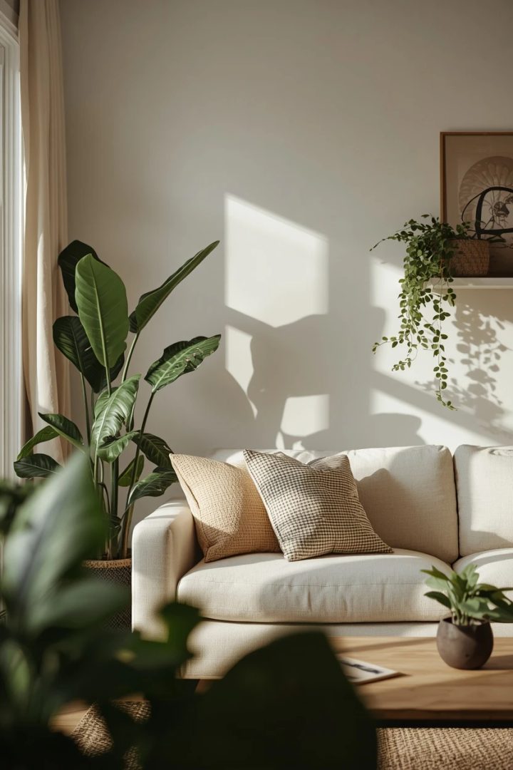 12. A Neutral Living Room with Abundant Greenery