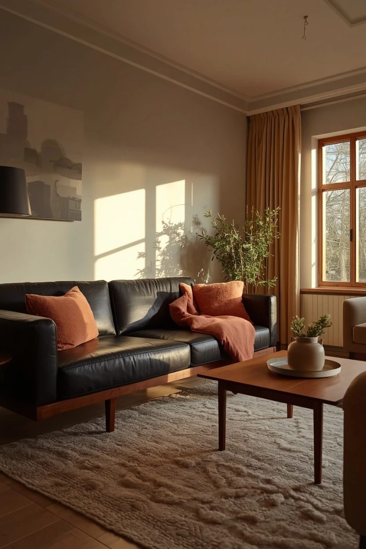 1. Warm Wood and Cream to Soften the Black Leather Lounge Decorating Ideas