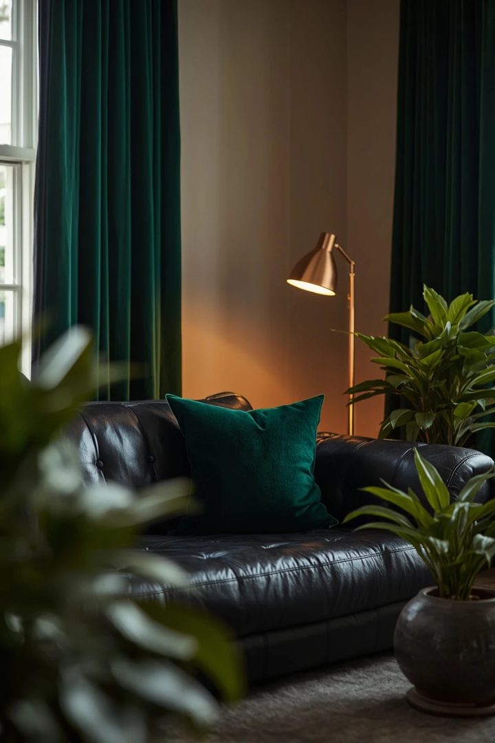 6. Emerald Green Accents for Black Leather Lounge Decorating Ideas