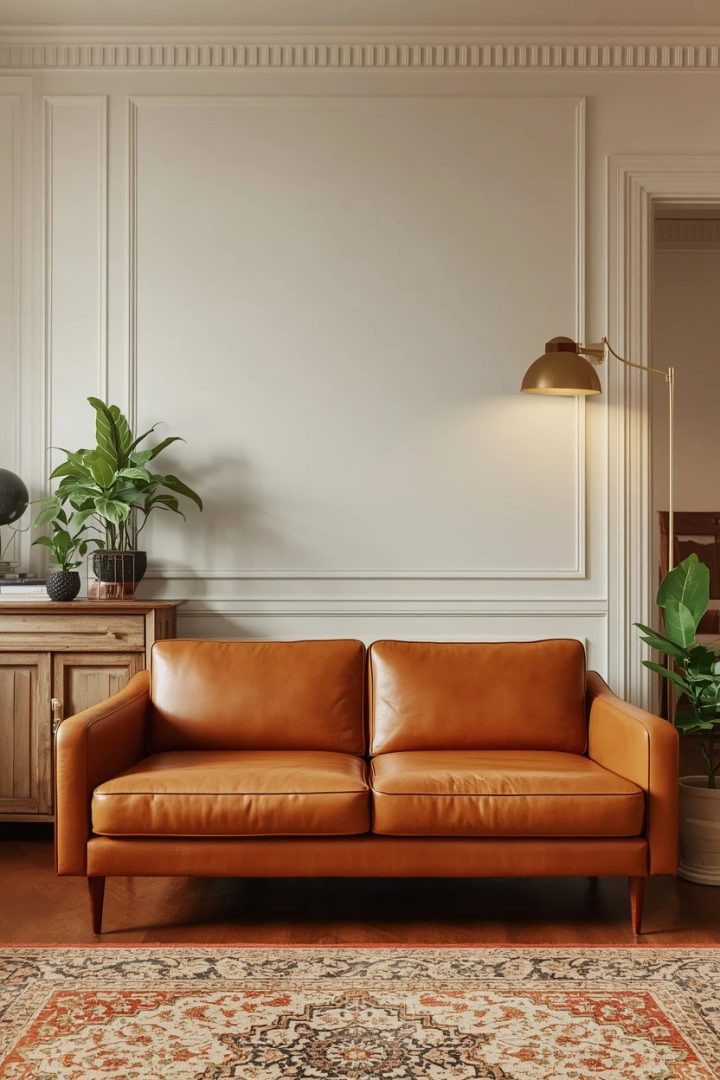 2. Caramel Leather Sofa as the Room Anchor