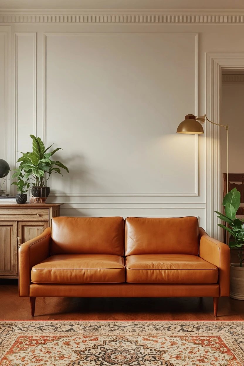2. Caramel Leather Sofa as the Room Anchor