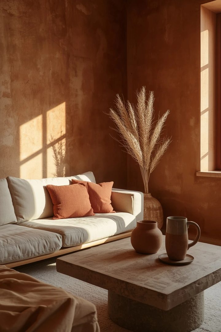 7. Umber Plaster Walls for Earthy Brown Living Room Ideas