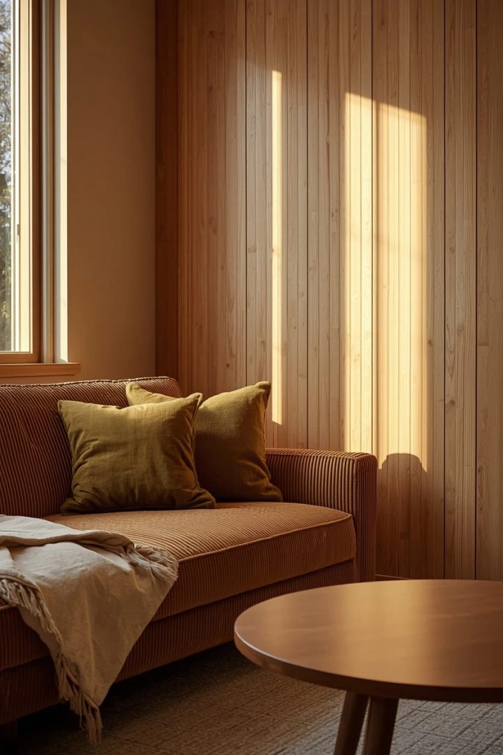 9. Tan Corduroy Sofa With Warm Wood Panelling