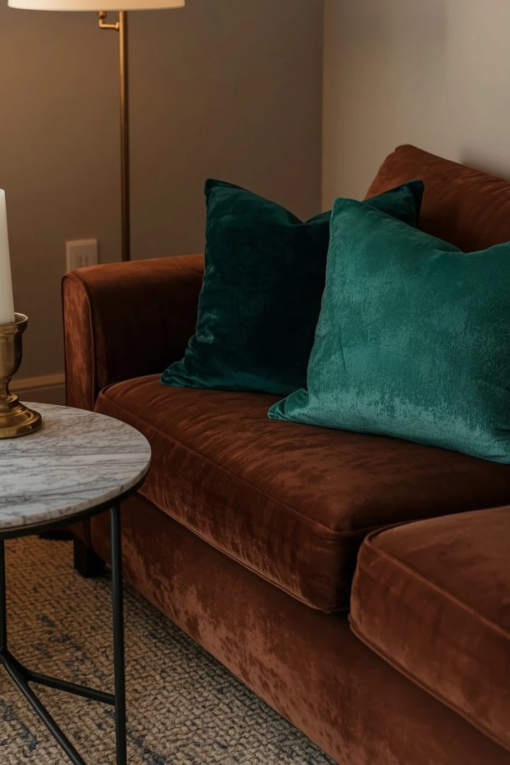 13. Warm Brown Velvet Sofa With Jewel-Tone Accents