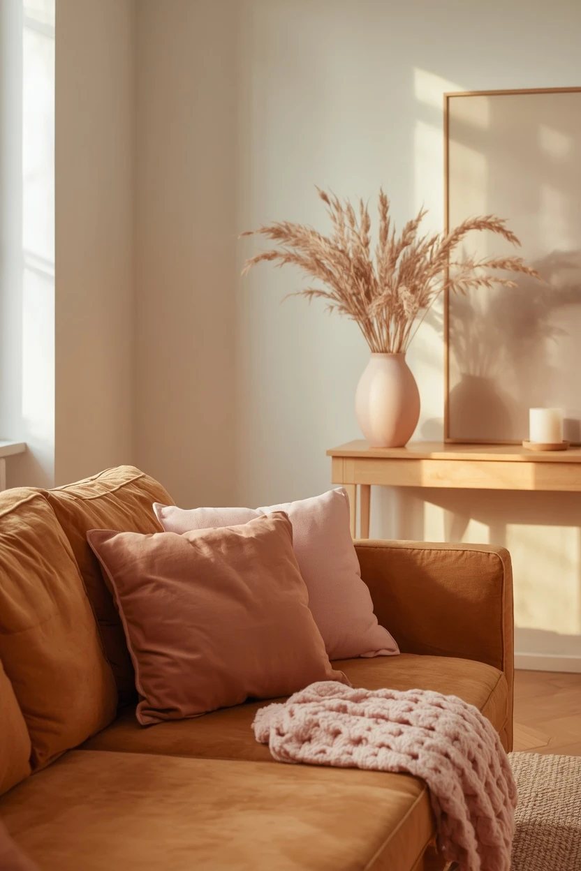 15. Toffee Tones With Blush Pink for Soft Brown Living Room Ideas