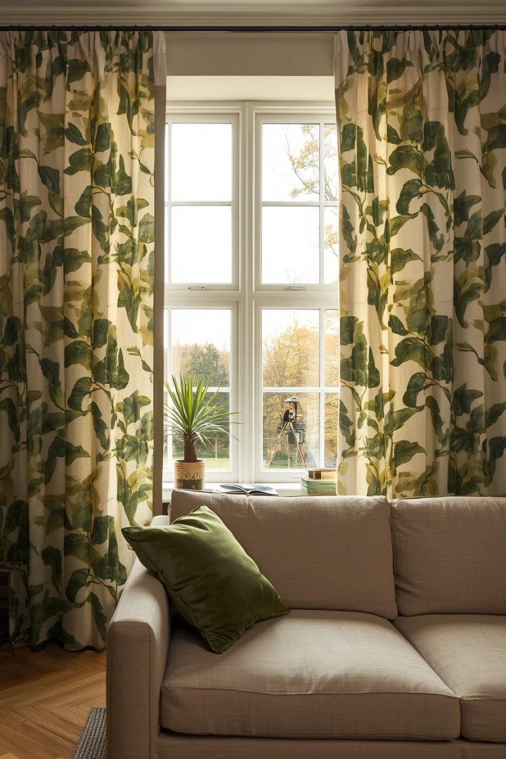 8. Bold Printed Drapes as the Drapery Ideas for Living Room Focal Point