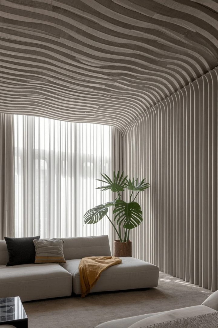 14. Ceiling-Mounted Ripple-Fold Panels for Clean Modern Drapery Ideas for Living Room