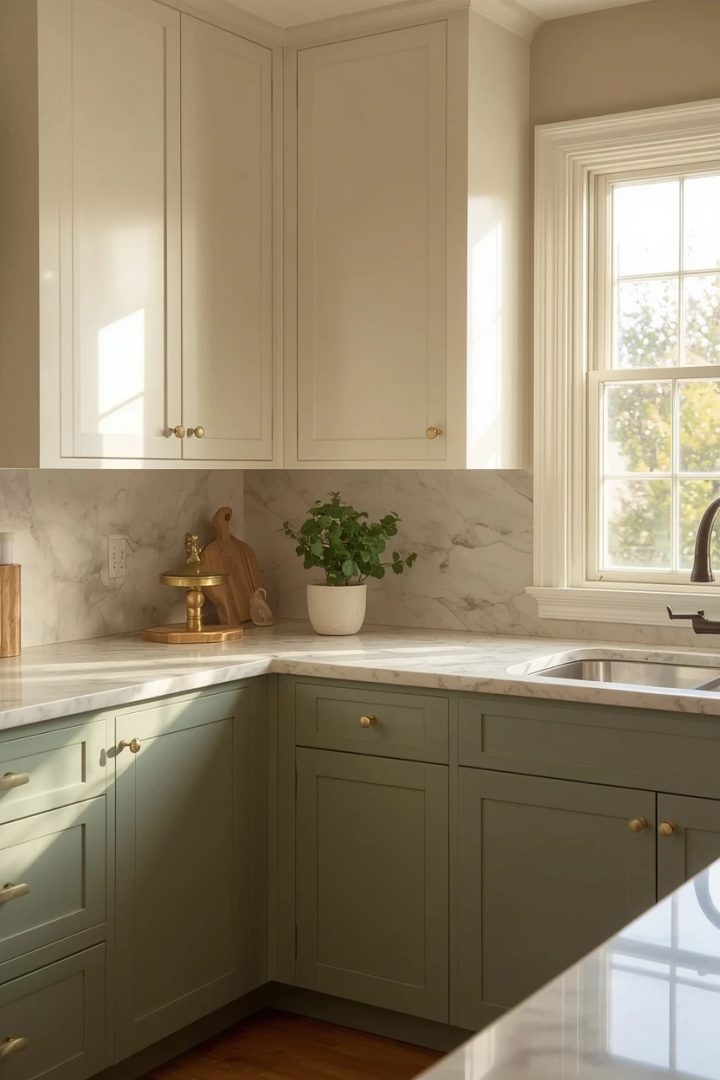 1. Sage Green Cabinets With White Marble and Brass