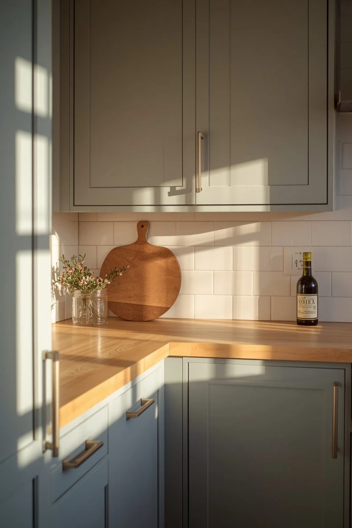 6. Soft Grey-Blue Cabinets With Butcher Block Counters