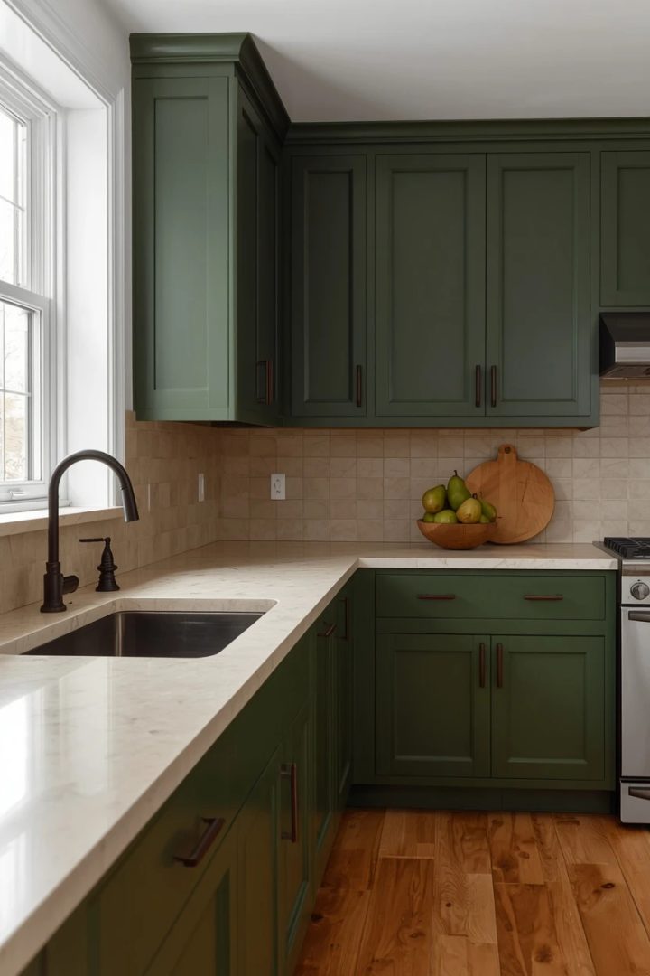 8. Forest Green and Natural Stone for Kitchen Color Scheme Ideas