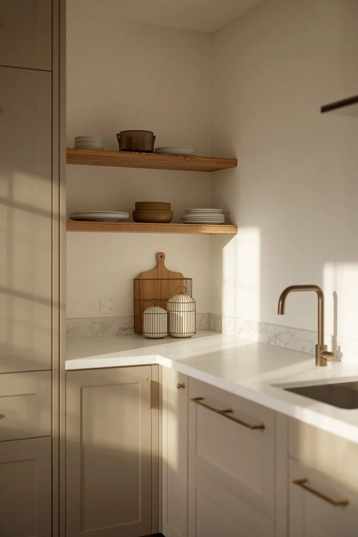 10. Greige Cabinets With Warm White and Brass