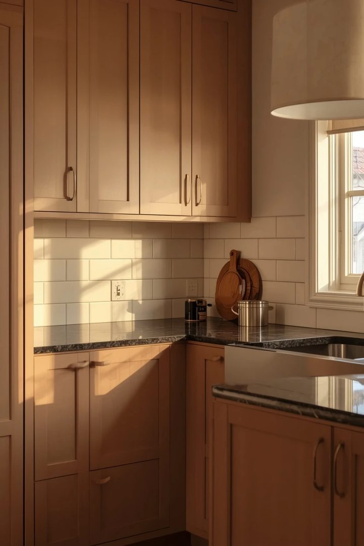14. Warm Taupe Cabinets With Dark Countertops