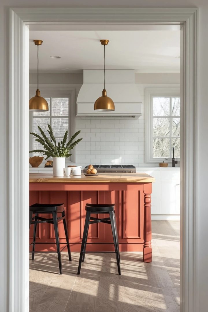 15. Rust-Red Accent Island in a White Kitchen