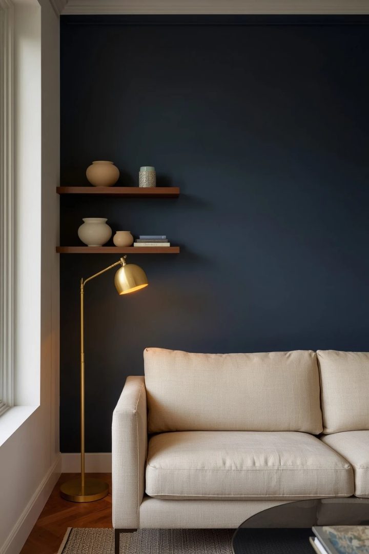 2. Deep Navy Accent Wall With Warm Neutrals