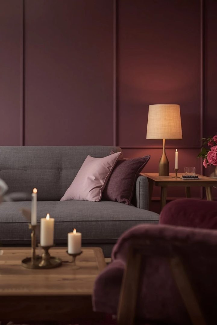 8. Moody Plum and Warm Grey for Evening Rooms