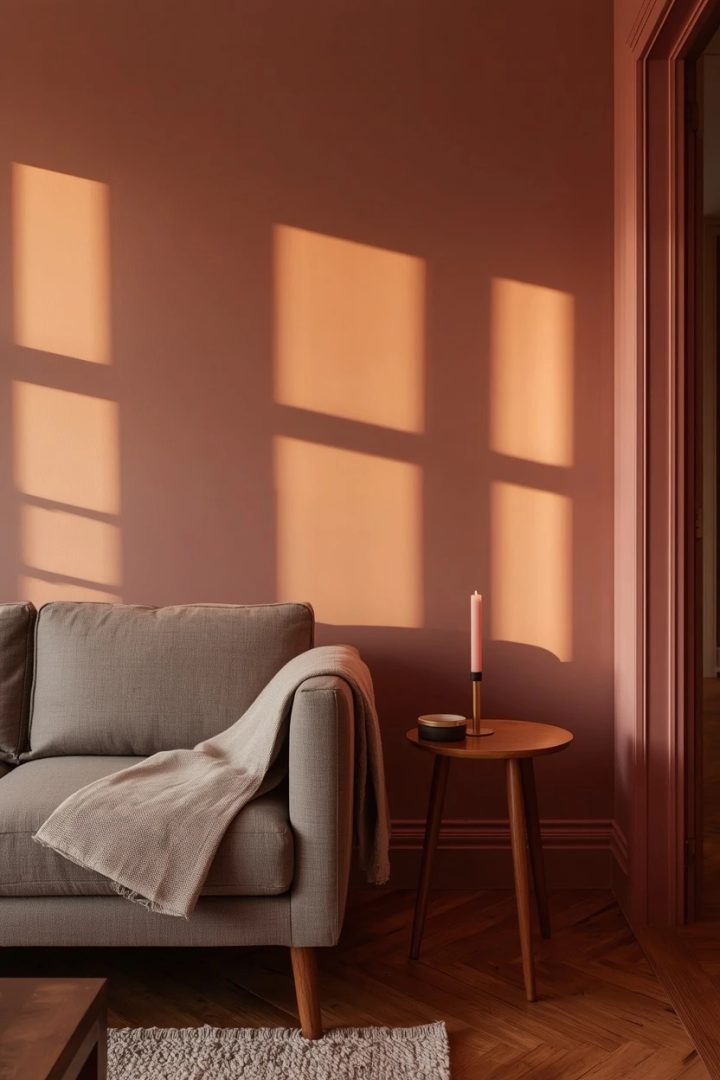 13. Dusty Rose Walls With Warm Wood Tones