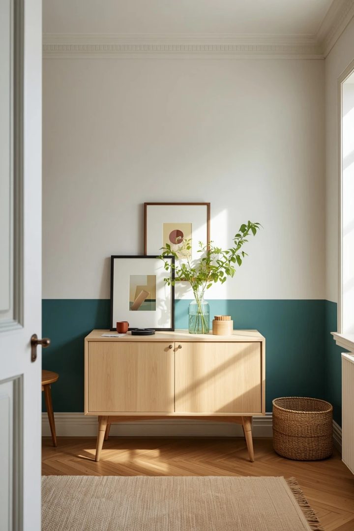 14. Living Room Paint Ideas With a Half-Wall Colour Block