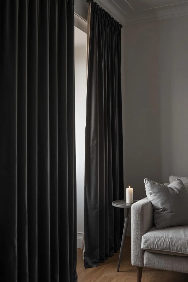 9. Dramatic Dark Curtains on Light Walls